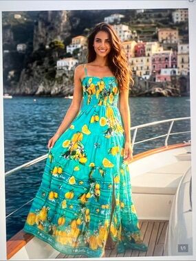Antica Sartoria 2026 Italian Teal Lemon Print Maxi Sundress O/S Smocked Bodice